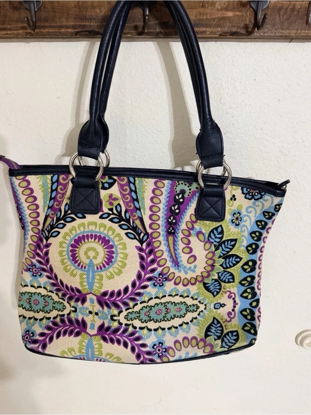 Spartina 449 Paisley Tote with Black Handles - Cream, Purple, Blue, Green